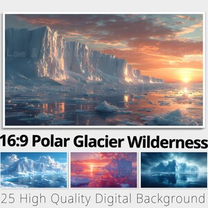 May include: A digital illustration of a polar glacier wilderness scene with a large glacier wall in the background and a frozen ocean in the foreground. The sky is a vibrant orange and pink sunset with clouds. The image is divided into three sections, each showing a different view of the scene.