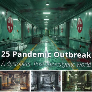 May include: A dystopian, post-apocalyptic world setting. A long, green hospital hallway with blood stains on the floor. There are beds and medical equipment along the walls. The hallway is empty and deserted.