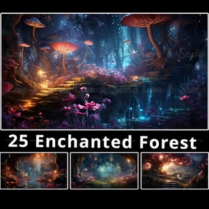 25 魔法の森 16:9 背景。Samsung フレーム TV アート。Youtube オーバーレイ。デスクトップの壁紙。ファンタジー クリップアート。商用利用。