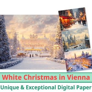 25 Weiße Weihnachten in Wien Digitales Papier, Schneefall Stadtbild, festlicher Winter Hintergrund, Geschenkkarte für die Weihnachtskollektion, kommerzielle Nutzung