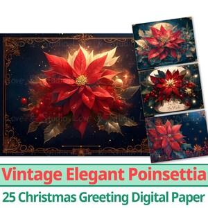 25 papiers numériques vintage poinsettia élégants, Noël au pays des merveilles de l'hiver, carte de voeux de Noël imprimable, carte postale de vacances, usage commercial