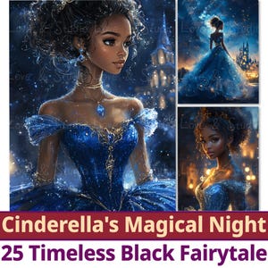 25 papier numérique nuit magique de Cendrillon, contes de fées noirs intemporels, imprimable afro-américain, princesses légendaires, usage commercial