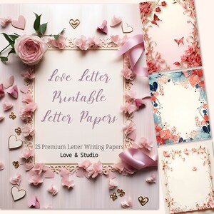 25 cartas de amor em papel para impressão, borda da página do Dia dos Namorados. Cartão de convite para impressão, papel artesanal. Uso comercial