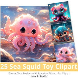 25 Baby Tiefsee-Tintenfisch Spielzeug Clipart, 3D-niedlichen Tier Clipart, bunte Meeresgeschöpf Illustration für Kinder, digitales Basteln, kommerzielle Nutzung