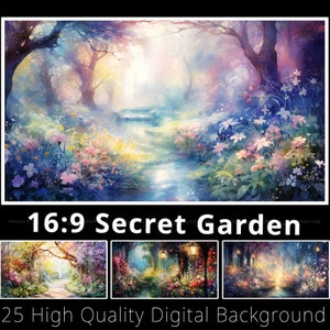 16:9 Sfondo digitale del Giardino segreto della luce. 25 TV Samsung con cornice art. Sovrapposizione di Youtube. Sfondo del desktop. Clipart di fantasia. Uso commerciale