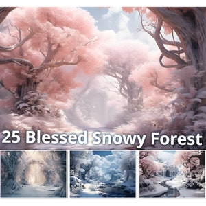 25 Blessed Snowy Forest Digital Paper, Winter Fantasy Background. Overlay, Making Cards, Journal, Wallpaper, and Book Cover. Commercial Use.