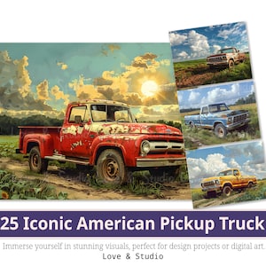 25 carta digitale iconica camioncino americano, veicolo romantico stampabile, clipart di auto d'epoca, immagini famose di vecchie auto, uso commerciale