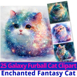 May include: Digital art prints featuring galaxy-themed cats. The main image shows a fluffy cat with a colourful, cosmic design. Additional images showcase similar cat illustrations with vibrant colours and a fantasy aesthetic.