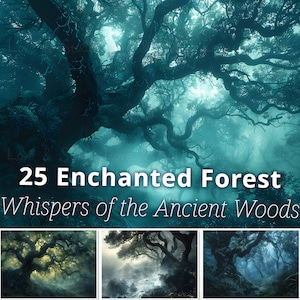 25 Carta digitale Foresta incantata, Sfondo fantasy stampabile, Sussurri del paesaggio dei boschi antichi. Diario, carta da parati