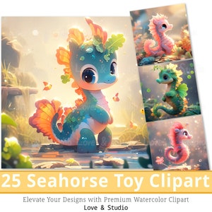 25 Baby Seepferdchen Spielzeug Clipart, 3D niedlichen Tier Clipart, bunte Meeresgeschöpfe Illustration für Kinder, digitales Basteln, kommerzielle Nutzung