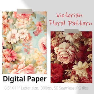 50 Victorian Flower Seamless Pattern, Vintage Floral Watercolor Digital Paper. For Craft supplies, Scrapbooking, Journaling, Card Making.