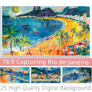 May include: A colorful painting of a beach scene in Rio de Janeiro, Brazil. The painting features the iconic Sugarloaf Mountain, Copacabana Beach, and palm trees. The painting is done in a vibrant style with bright colors and bold brushstrokes.