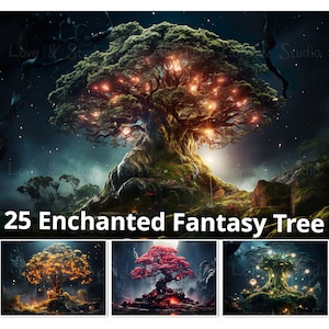 25 Enchanted Fantasy Tree Digital Paper, Printable Mysterious Moss, Mushroom, Firefly, A Magical Fairy Tale Background. Digital Craft