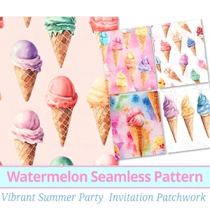 Patrón sin costuras de patchwork de 25 conos de helado. Collage de sabores. Papel digital. Fondo imprimible con temas de verano. Uso comercial.