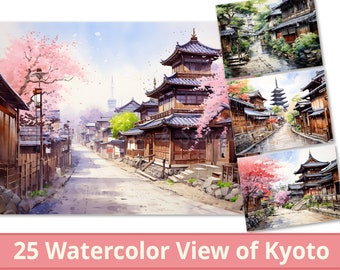 25 View of Kyoto Japan Digital Paper, Watercolor with Pen Brush Street Clipart, Sublimation, Commercial Use, INSTANT Download.