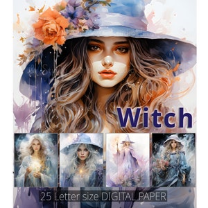 25 Papel digital de bruja de acuarela, fondo de fantasía imprimible, telón de fondo de personajes mágicos, ilustraciones de retratos de criaturas, uso comercial