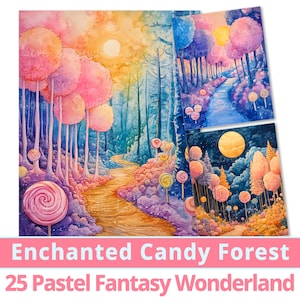 25 Verzauberte Süßigkeiten Wald Digitales Papier. Kollektion Magical Pastel Worlds Dreamscape. Fantasy Wonderland für kleine Träumer. Kommerzielle Nutzung