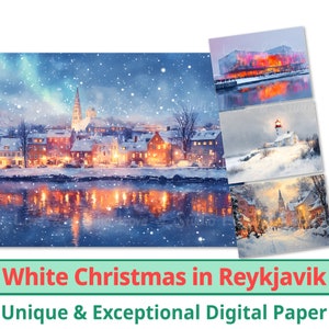 25 Carta digitale Reykjavik di Natale bianco, Paesaggio urbano con neve che cade, Sfondo invernale festivo, Carta regalo per la collezione di vacanze, Uso commerciale