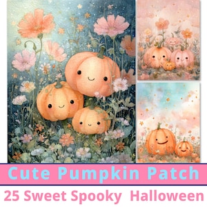 May include: A digital illustration featuring three smiling orange pumpkins nestled among soft pink and peach flowers against a dark blue starry background, with two additional smaller panels showing pumpkins in pastel floral fields.