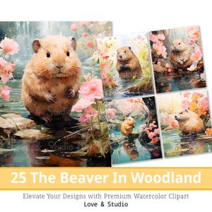 25 The Beaver In Woodland Clipart, Animale adorabile dell'acquerello nell'incantevole foresta Sublimazione, Uso commerciale, Download immediato.