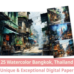 25 Ansicht von Bangkok, Thailand Digitales Papier, Aquarell mit Pen Brush Old City Clipart, Sublimation, Journal, Tapete, kommerzielle Nutzung,