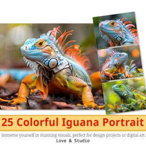 25 kleurrijke leguaan portret digitaal papier, afdrukbare realistische dieren clipart, reptielen hoogwaardige PNG, commercieel gebruik, INSTANT Download.