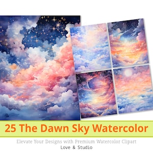 25 Acuarela El Papel Digital Dawn Sky. Fantástico cielo nublado Clipart, hermoso fondo del cielo, papel de Scrapbooking, uso comercial