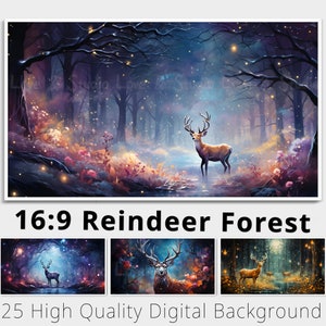 16:9Sfondo digitale della foresta magica delle renne. 25 TV Samsung con cornice art. Sovrapposizione di Youtube. Sfondo del desktop. Clipart di fantasia. Uso commerciale