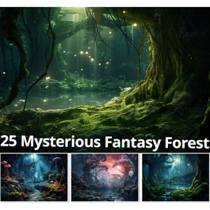 25 Enchanted Fantasy Forest Digital Paper, Printable Mysterious Moss, Mushroom, Firefly, A Magical Fairy Tale Background. Digital Craft