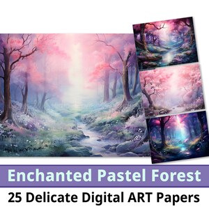 25 Papier numérique Forêt mystérieuse enchantée pastel, aquarelle dans des tons pastel doux. Papier artisanal. Bel élément fantastique. Utilisation commerciale