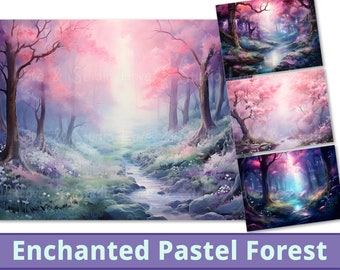 May include: A set of 25 digital art papers featuring a pastel forest scene with a stream running through it. The forest is filled with trees and flowers in shades of pink, purple, and blue. The papers are ideal for creating digital art, scrapbooking, or other creative projects.
