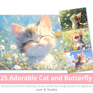 25 かわいい猫と蝶のデジタル ペーパー、気まぐれな猫のクリップアート、印刷可能な子猫の水彩画、猫好きのための PNG ファイル、商用利用
