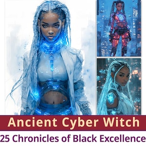25 Papel Digital de Bruxa Cibernética Antiga, Clipart de Crônica de Fantasia de Excelência Negra, Afro-americano Majestoso para Impressão, Uso Comercial