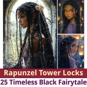 Papel digital con 25 candados de la Torre de Rapunzel, cuentos de hadas negros atemporales, imprimible afroamericano, princesas mágicas con melanina, uso comercial
