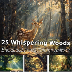 25 Papier numérique Whispering Woods, arrière-plan fantastique à imprimer, animaux qui parlent de la forêt enchantée, forêt secrète. Journal, papier peint