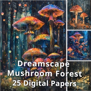 25 Papel digital Dreamscape Mushroom Forest, cenário Dark Fantasy. Papel de parede Chilly Holloween, papel artesanal assustador, registro no diário, comercial