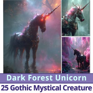 Papel digital de unicornio embrujado de bosque oscuro, 25 unidades, fantasía oscura imprimible, decoración de Halloween. Fondo de criatura mística gótica. Uso comercial.
