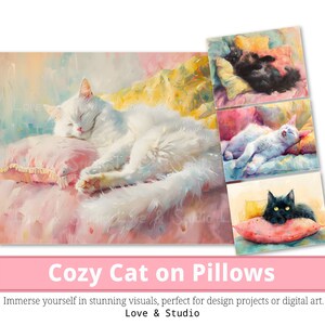 25 Gato acogedor en papel digital de almohada, encantadora acuarela Fellin, gato negro perezoso imprimible y gato blanco, diario, fondo de pantalla, uso comercial