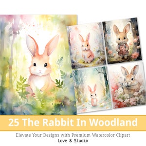 25 Il coniglio nel bosco Clipart, acquerello adorabile animale nell'incantevole foresta sublimazione, uso commerciale, download immediato.