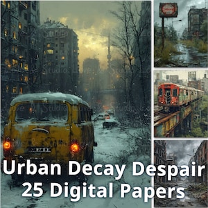 May include: Digital art collection titled "Urban Decay Despair" featuring 25 digital papers. The image shows a yellow vehicle driving through a snow-covered urban landscape. Other images depict a train, and a street scene with a sign.