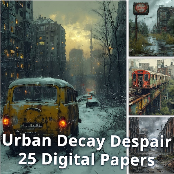 25 Urban Decay Despair Digital Paper, Printable Sci-Fi Art, Futuristic Artwork, Gloomy Ruins Background, Commercial Use