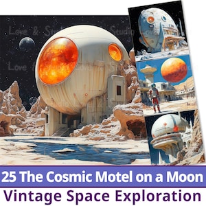 25 The Cosmic Cottage auf einem Mond Digital Paper, Vintage Space Exploration Clipart, druckbare Retro Raumschiff, der Astronaut, kommerzielle Nutzung