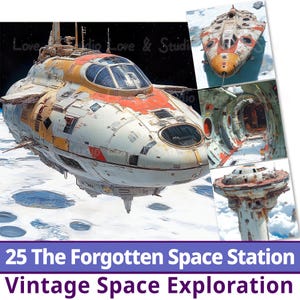25 Papier numérique de la station spatiale oubliée, clipart d'exploration spatiale vintage, vaisseau spatial rétro imprimable, l'astronaute, usage commercial