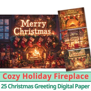 25 Papel Digital para Lareira de Natal Aconchegante, Natal do País das Maravilhas do Inverno, Cartão de Natal para Imprimir, Cartão Postal de Natal, Uso Comercial