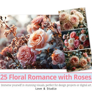 25 Blumenromanze mit Rosen Digitales Papier, Kartendesign zum Valentinstag. Romantische Blumen Clipart. Druckbare süße Liebesbrief, kommerzielle Nutzung