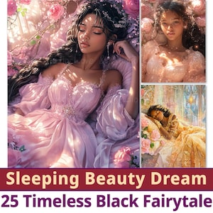 Papel digital "Sueño de la Bella Durmiente", 25 cuentos de hadas negros atemporales, imprimible afroamericano, princesas mágicas de melanina, uso comercial