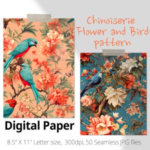 50 Chinoiserie patroon Naadloos patroon, Vintage Oosterse vogels en bloemen digitaal papier. Knutselbenodigdheden, Scrapbook, Journaling, Kaarten maken.