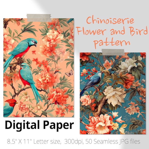 50 Chinoiserie Muster Nahtloses Muster, Vintage Orientalische Vögel und Blumen Digitales Papier. Bastelbedarf, Scrapbook, Journaling, Kartenherstellung.