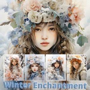 25 Chica acuarela en papel digital de encanto de invierno, fondo imprimible del bosque nevado, arte de retrato de mujer hermosa, uso comercial