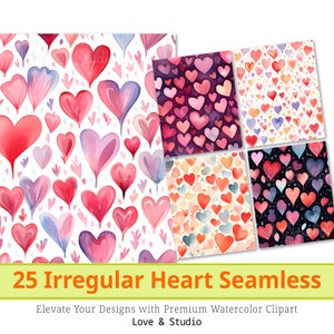 25 Patrón sin costuras de corazón irregular. Imágenes prediseñadas de forma de corazón de acuarela, patrón de fondo de amor y regalo, scrapbooking, uso comercial